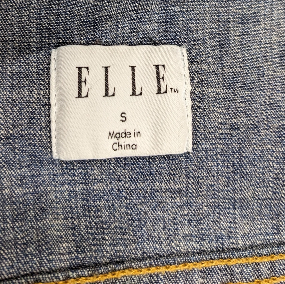 Elle Round Neck Denim Blue Jean Jacket S 90s Distressed #2300 - Picture 6 of 7